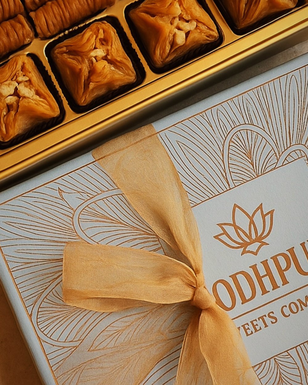 A ribboned Jodhpur Sweets Company gift box of assorted baklava
