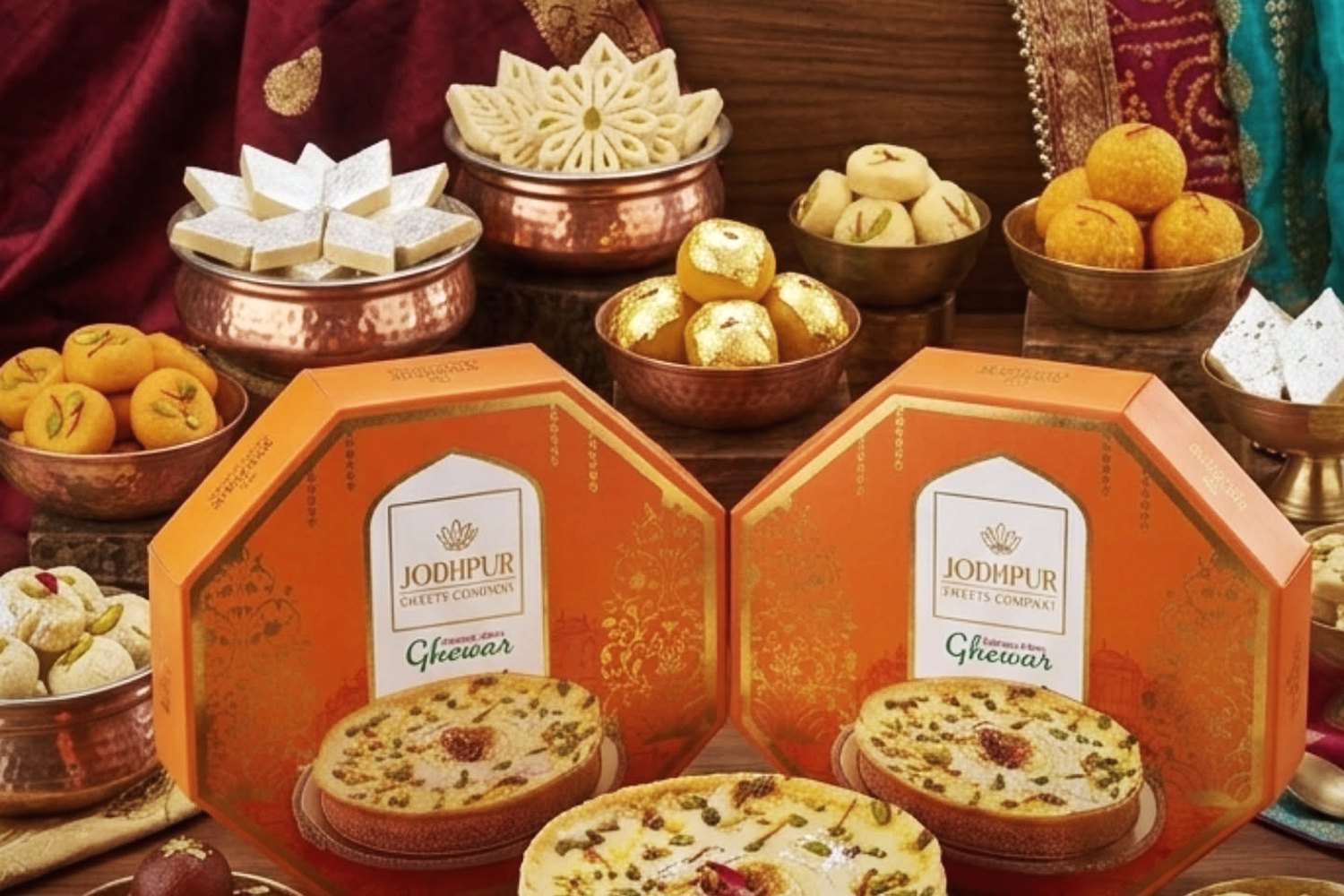 Ghevar in Jodhpur Sweets Company boxes with copper bowls of laddu and barfi on silk