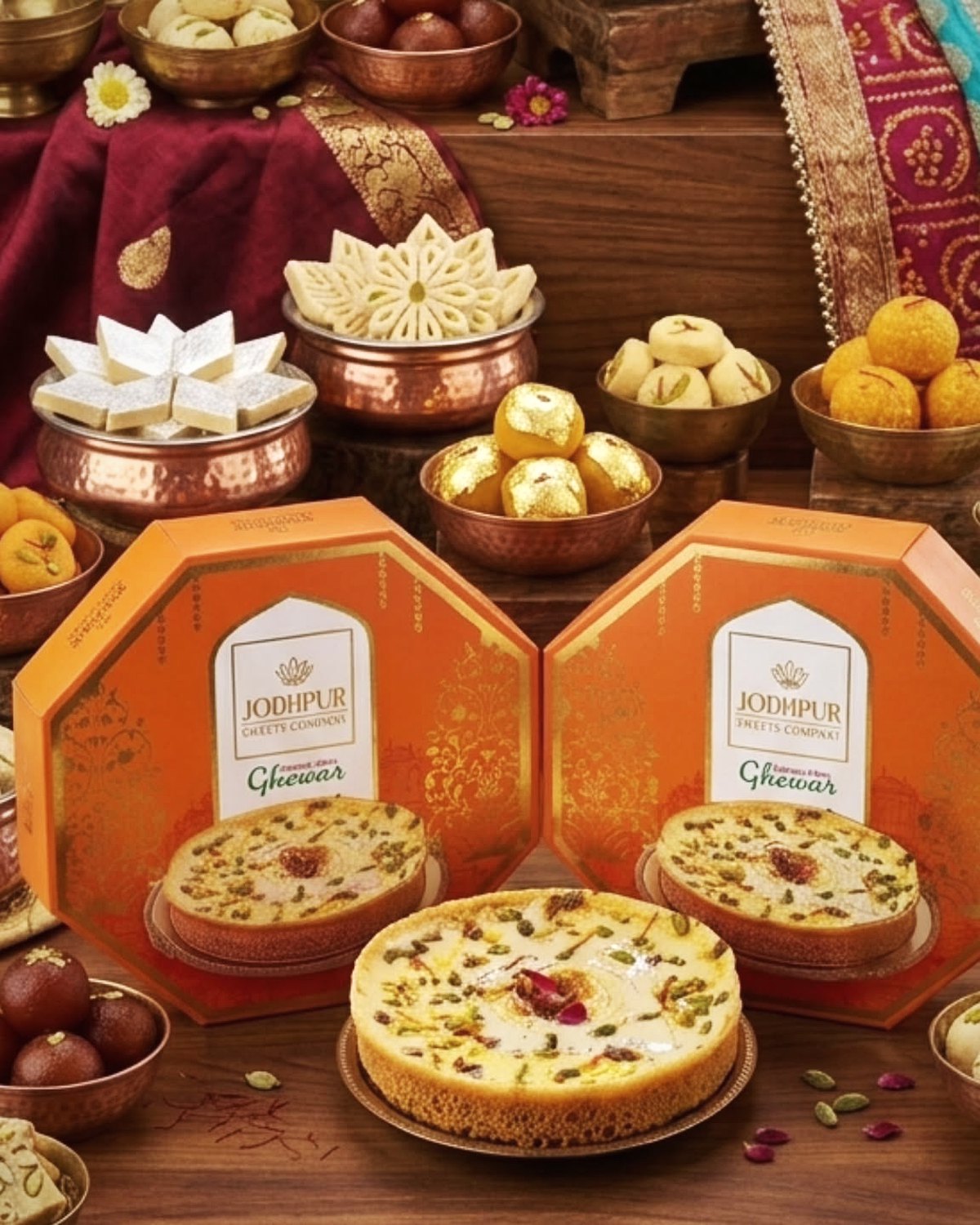 Ghevar in printed Jodhpur Sweets Company boxes, with copper bowls of laddu and barfi on silk