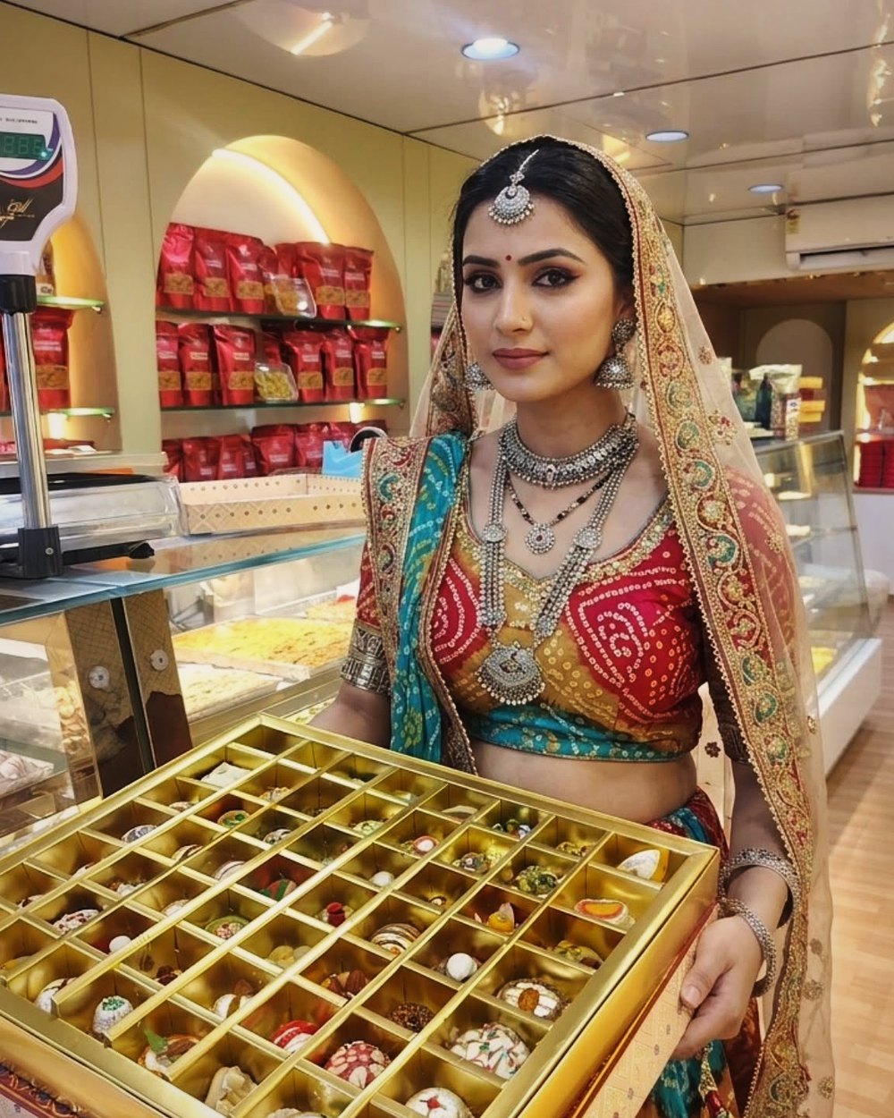 A customer choosing a wedding sweet box at the counter