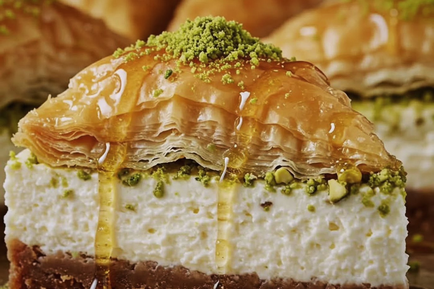 A slice of baklava cheesecake topped with crushed pistachio and honey
