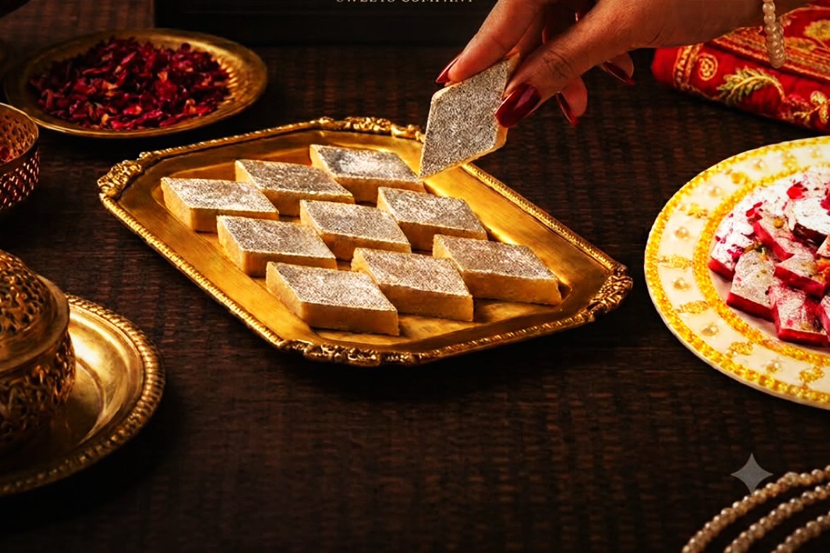 A hand lifting a piece of silver leafed kaju katli from a brass tray